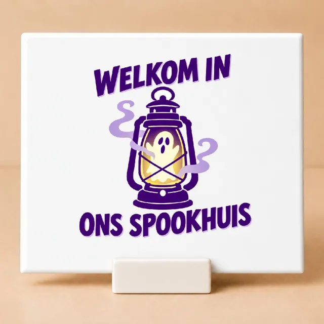 Bedruk King Speelse Halloween "Welkom in ons spookhuis" Tegel – Kleurrijke voordeurdecoratie voor sfeervolle Feestdagen - 11 x 11 cm met houder Wit