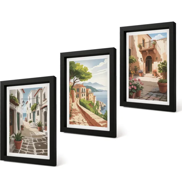 Coloray 4-Delige Schilderij Set - Schilderachtige straatjes met huizen en potplanten. - 20 x 30 cm - Wanddecoratie - Moderne Interieurdecoratie Zwarte lijst