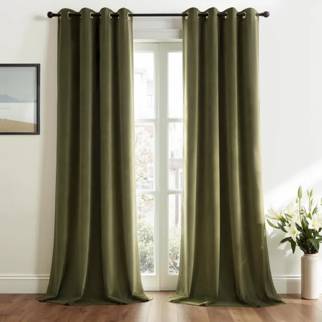 Famanu Olijfgroene fluwelen gordijnen, set van 2 stuks, 140 x 225 cm, perfect voor het toevoegen van luxe uitstraling aan elke ruimte, ideaal voor woonkamers en slaapkamers met een gezellige ambiance