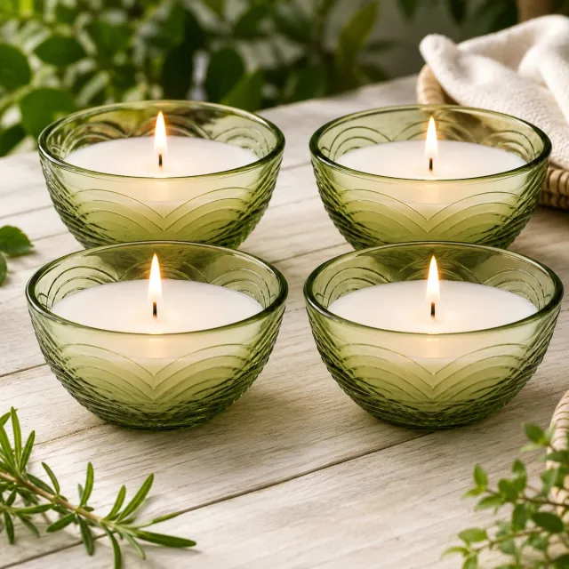 Benza Citronellakaarsen Set van 4 – Groene Glazen Kommen 9 x 9 x 5 cm – 110 g Wax per Kaars – 3% Citronella – Brandduur 22-24 uur – Helpt Muggen op Afstand te Houden