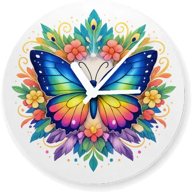 Mr Cadeautjes Glazen klok Ø 20 - design Een trotse vlinder in een cirkel van grote, decoratieve vleu | cadeau Wit