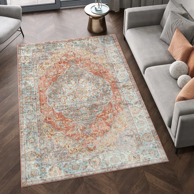 Tapiso Retro Vloerkleed Rood Blauw Rosette Vintage Tapijt Maat- 200x300 Beige Blauw