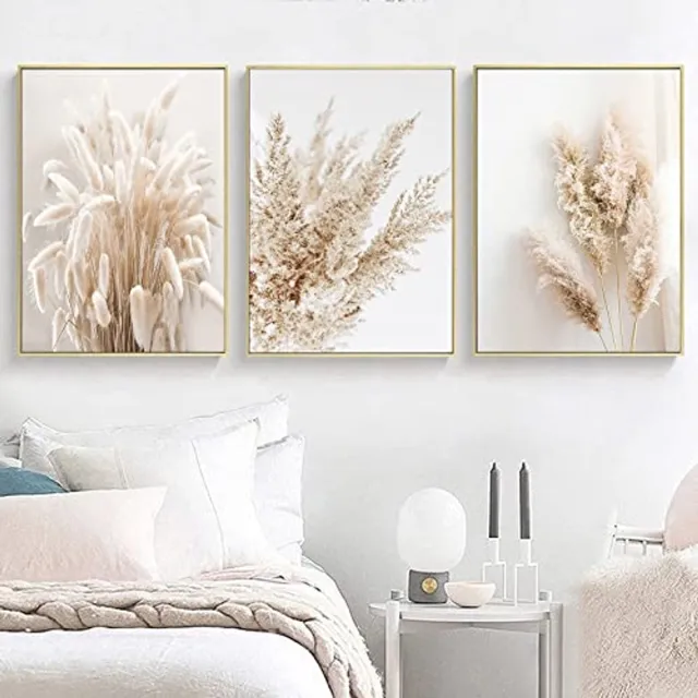 Ibenzoa Set van 3 Boho Wanddecoraties met Pampasgras voor Slaapkamer en Woonkamer, Vintage Posterset Zonder Lijst beige