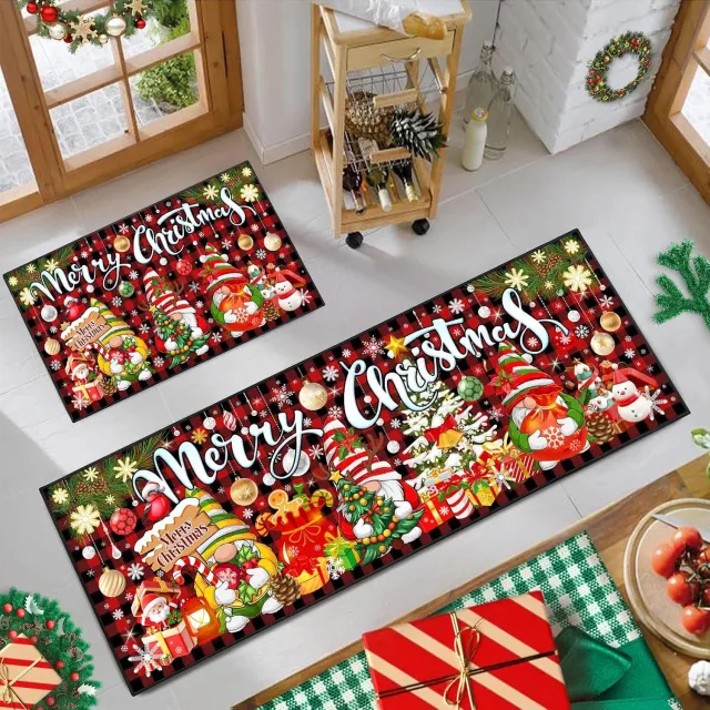 YAGXIG Kersttapijt - Kerstdeurtapijt - Tapijt en Mat 2-delige set - Decoratieve keukenvloermat - Wasbaar - Antislip - Gootsteentapijt (40*60+40*120cm) Rood