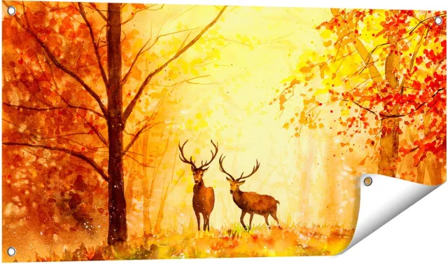 Gards Tuinposter Getekende Herten in het Bos - Herfst - 100x50 cm - Tuindoek - Tuindecoratie - Wanddecoratie buiten - Tuinschilderij Multikleur