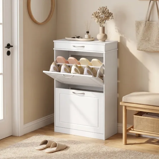 HAUSS SPOLE Schoenenkast - Twee Kleppen Met Lade En Verstelbare Verdelers - Smal Voor Hal En Woonkamer - Hout - 53x26,5x89 Cm - Wit