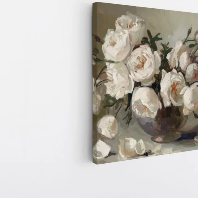 Saammp Canvas Schilderij - Witte Bloemen in vaas - Stilleven - Abstract - 40x40 - Foto op canvas - Wanddecoratie - Muurdecoratie Woonkamer - Kantoor Decoratie Multicolor