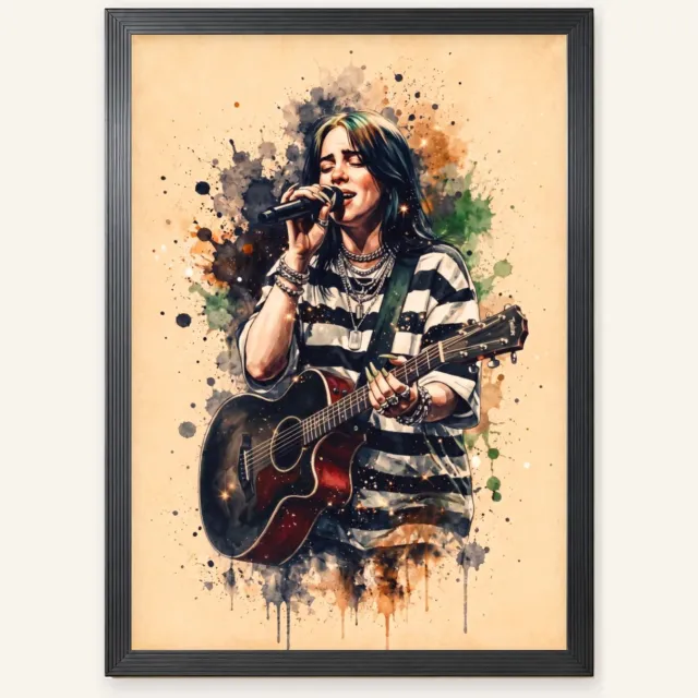 Joshimo Billie Eilish Poster Watercolor Art | Aquarel Muziekposter | Inclusief Zwarte A4 Lijst