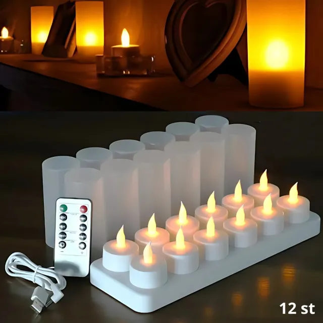 Zenzee Oplaadbare waxinelichtjes – 12 stuks - Met afstandsbediening – Timerfunctie – Bewegende vlam - Veilig en duurzaam – Oplaadbare theelichtjes – LED waxinelichtjes – Nep kaarsen Warm wit