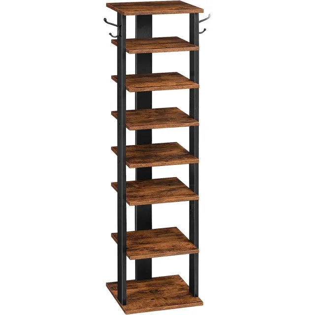 Vasagle Schoenenrek met 8 niveaus, smal schoenenrek, schoenenkast met 2 haken, opbergplanken, schoen organisator, ruimtebesparend, voor entree, hal, slaapkamer, vintage bruin-zwart EBF07XJ01G1
