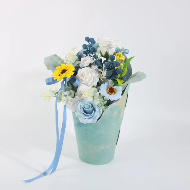 La Roselle Amsterdam Kunstbloemen Boeket met Blauwe en Witte Rozen en Gele Zonnebloemen – Kleurrijk Bloemencadeau voor Verjaardag, Moederdag, Valentijn, Kerst en Jubileum | La Roselle Amsterdam