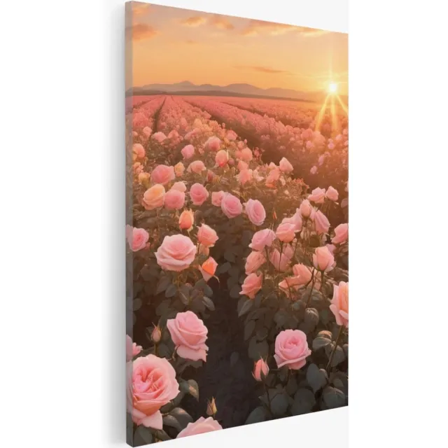 Saammp Canvas Schilderij - Landschap -Bloemen - Roze - Zonsondergang - Natuur - 75x100 - Foto op canvas - Wanddecoratie - Muurdecoratie Woonkamer - Slaapkamer decoratie - Canvas Print Multicolor