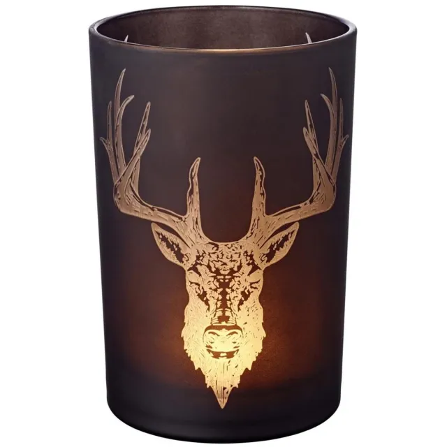 Famanu Windlicht voor theelichten van glas, zwart met hertmotief, hoogte 18 cm, sfeervolle kaarsenhouder voor binnen en buiten