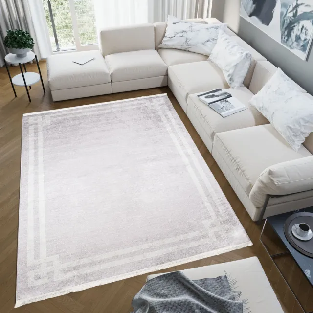 Tapiso Toscana Vloerkleed Kwastjes Licht Grijs Frame Tapijt Maat- 160x230 Lichtgrijs 1