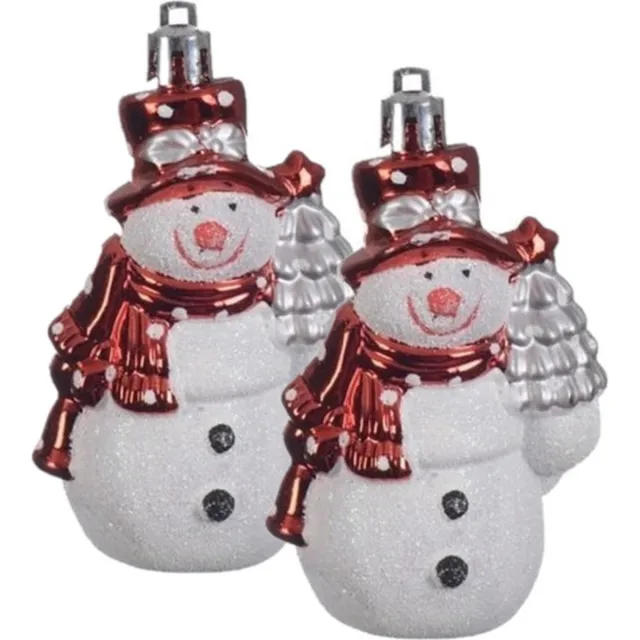 Decoris Kersthangers sneeuwpoppen - 4x - 8 cm - onbreekbaar - kerstornamenten Rood