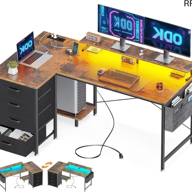 RFWR Omkeerbaar L-Vormig Bureau met USB-poorten en Stopcontacten voor Gaming Bruin