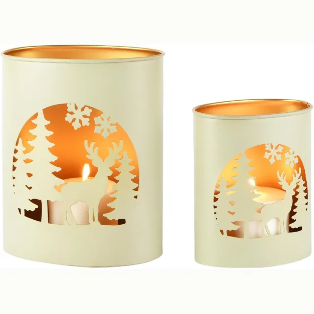 dekoratief Set 2 Waxinelichthouders 'Winter Forest', groen/goud, metaal, 16x12x20cm | A268182