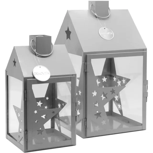 Dekovita Metalen Lantaarn - Handgemaakt - Binnen & Buiten - 1 stuk - Grijs - Ijzer - 15x15x30 cm Grijs Set Van 2