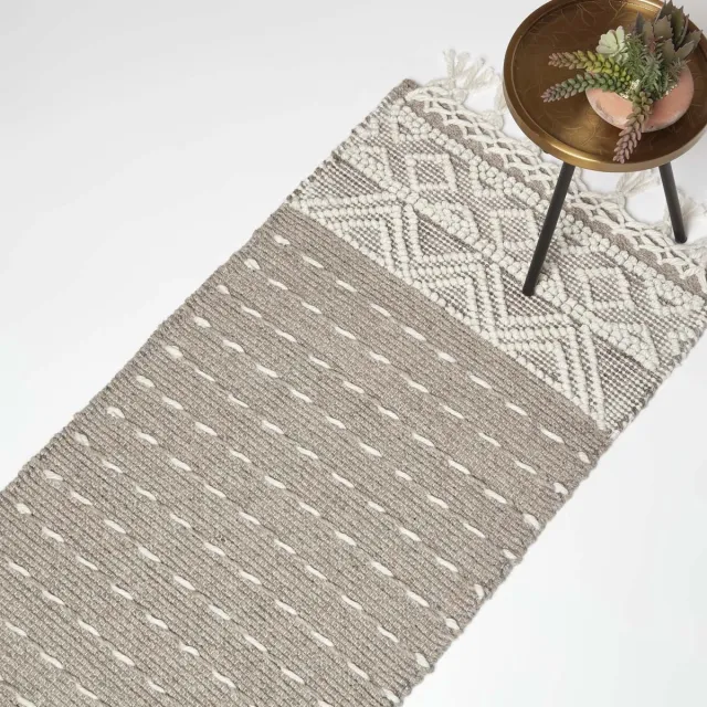 Homescapes Handgeweven Kelim Runner Patna - 66 x 200 cm, grijs en wit patroon Grijs-Wit