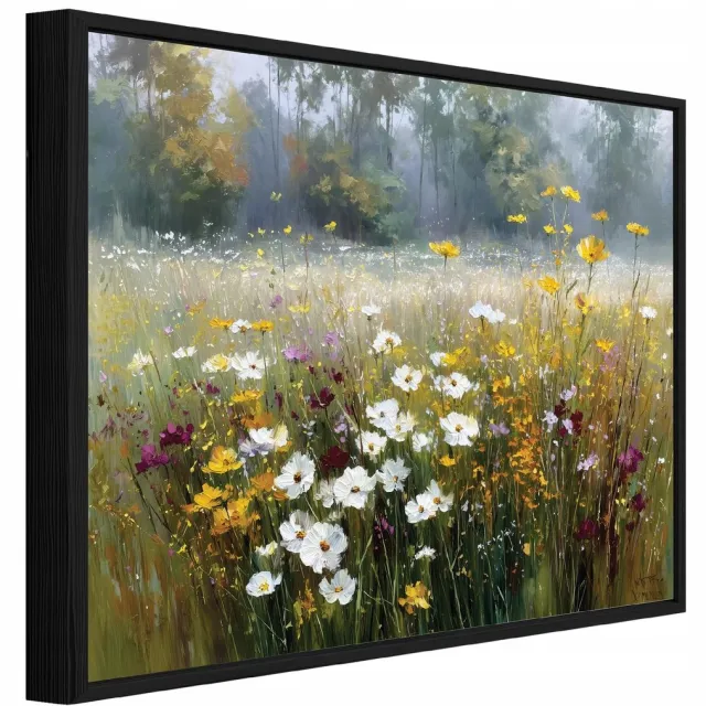 WALLARENA Schilderij op canvas in zwarte lijst - 100x70 cm - wilde bloemen en weide - wanddecoratie woonkamer en slaapkamer Veelkleurig