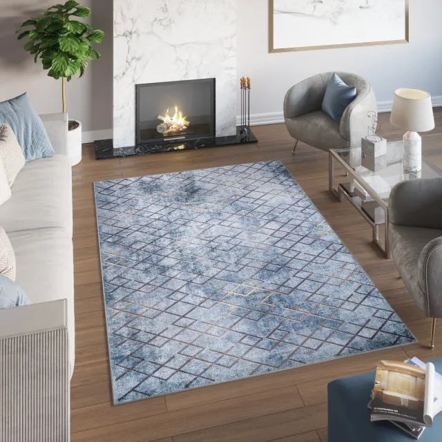 Tapiso Toscana Vloerkleed Geometrisch Blauw Gouden Tapijt Blauw Gouden 2