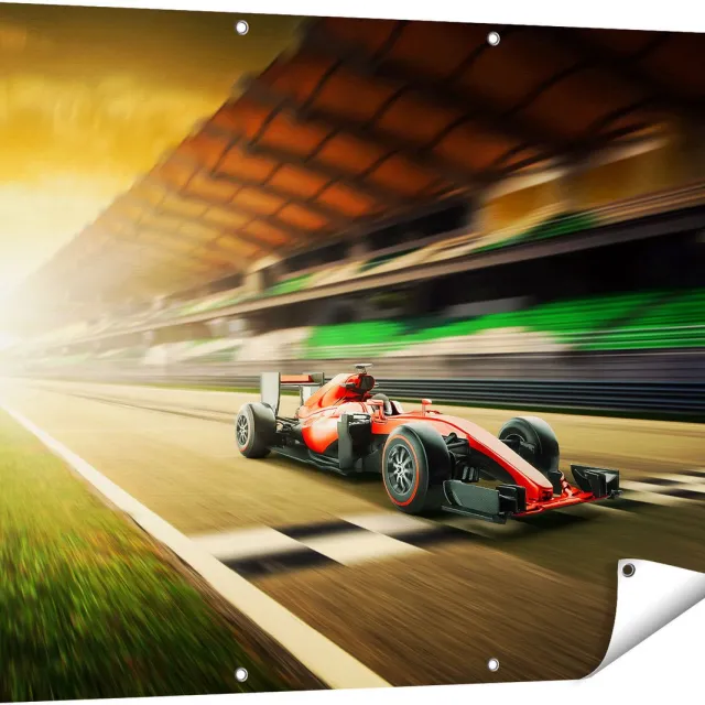 Gards Tuinposter Formule 1 Auto bij de Finish in het Rood - 120x90 cm - Tuindoek - Tuindecoratie - Wanddecoratie buiten - Tuinschilderij