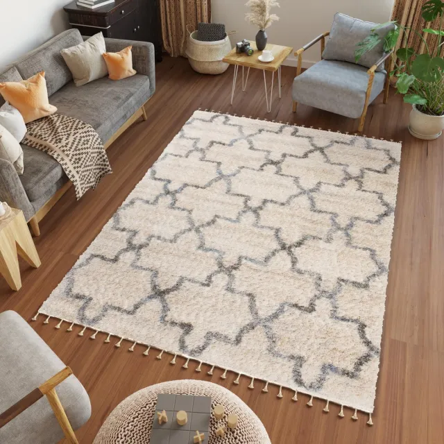 Tapiso Versay Fringes Vloerkleed Hoogpolig Trellis Tapijten Creme Grijs2