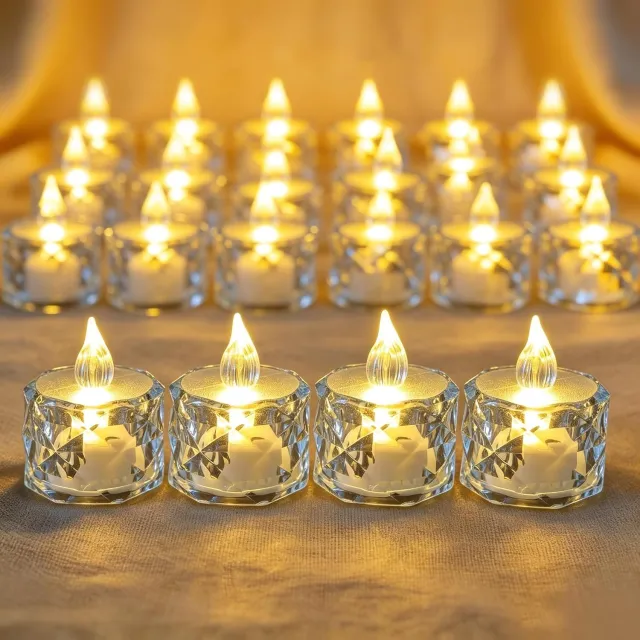KZQ 24 Stuks LED Theelichtjes Elektrische Vlamloze Mini Flikkerende Kaarsen Met Batterijen Warm Wit Voor Halloween Kerstmis Woondecoratie Bruiloften En Feesten Transparant