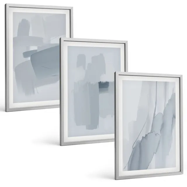 Coloray 3-Delige Schilderij Set - Abstracte Composities In Aquarelstijl - 40 x 60 cm - Muurdecoratie - Schilderijen Set - Woonkamer - Woonkamer Decoratie Zilveren lijst