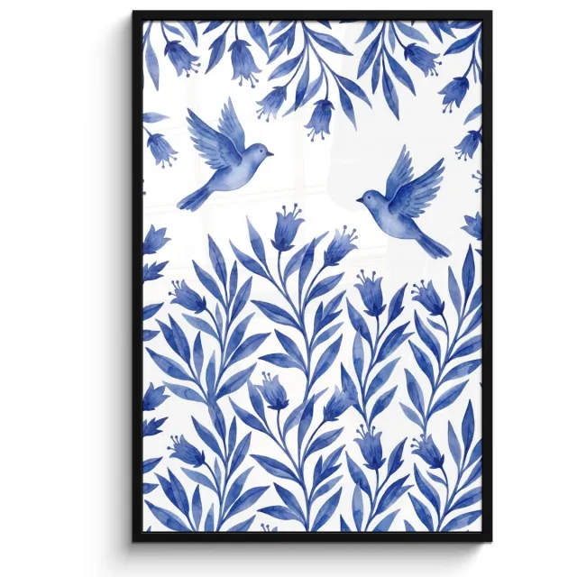 FrameYourWall Poster in lijst - Fotolijst 80x120 cm - Posters - Modern - Vogels - Delfts - Blauw - Posterlijst zwart - Decoratie - Wanddecoratie woonkamer - Muurdecoratie slaapkamer