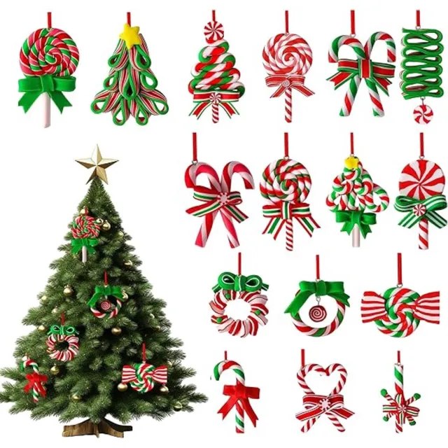 KZQ 16 houten kerstversieringen – Houten ornamenten in de vorm van lolly's en snoepjes, perfect voor het versieren van kerstbomen en ramen groen、rood、wit