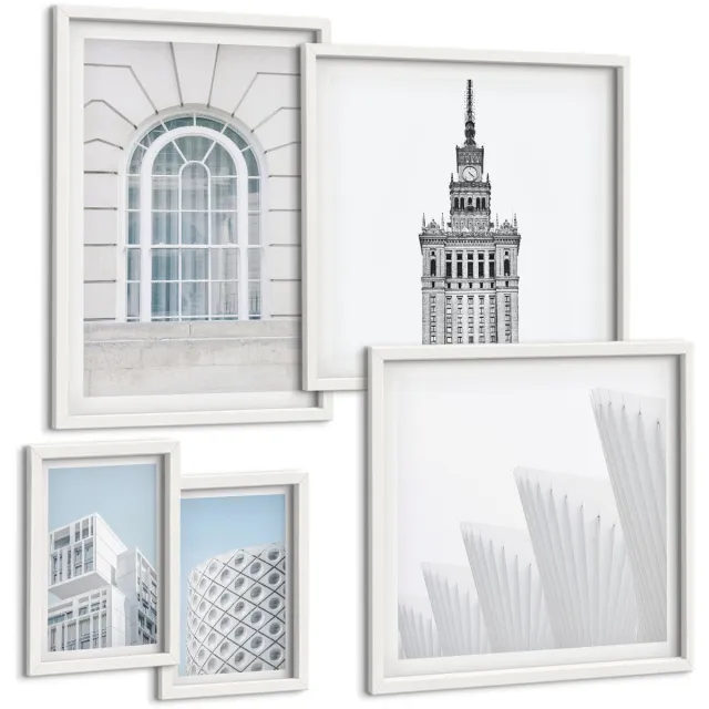 Coloray 5-Delige Schilderij Set - Moderne Architectuur: Minimalistische Vormen En Lijnen - 50 x 50 cm, 20 x 30 cm En 40 x 60 cm - Moderne Wanddecoratie - Woonkamer - Decoratieve Schilderijen Witte lijst
