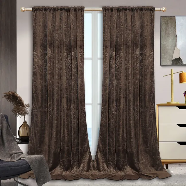 MUPOO Kant-en-Klaar Velours Gordijnen – 2 Stuks Luxe Crushed Velvet met Damastdesign – Verduisterend & Warmtewerend, Superzacht en Dikker – Rod Pocket & Back Tab – Ideaal voor Woonkamer/Slaapkamer – Bruin 132cm×213cm Donkerblauw