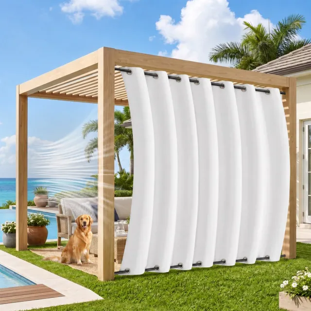 MUPOO Extra Brede Buitengordijnen Waterdicht & Stormbestendig 254cm - Met Dubbelzijdige Bevestiging tegen Wind - Verduisterend & UV Werend - Outdoor Gordijnen voor Terras & Overkapping - 254x274 cm - Grijswit - 1 Stuk (Rideau Extérieur Imperméable) grijsachtig wit-1 stuck