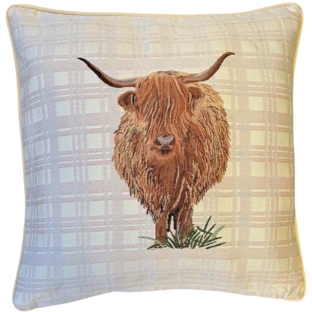 Signare Kussenhoes – Luxe Gobelinstof – Highland Cow – Schotse Hooglander – 45 x 45 cm beige