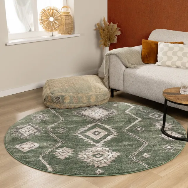 Fraai Berber vloerkleed rond - Blend Aztec Groen - Ø 100cm