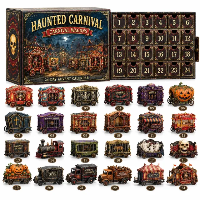 SWGOTA Adventskalender met carnavalswagens, 24 genummerde vakjes en miniatuurdecoraties, verpakking 26 × 18 × 3 cm Zwart