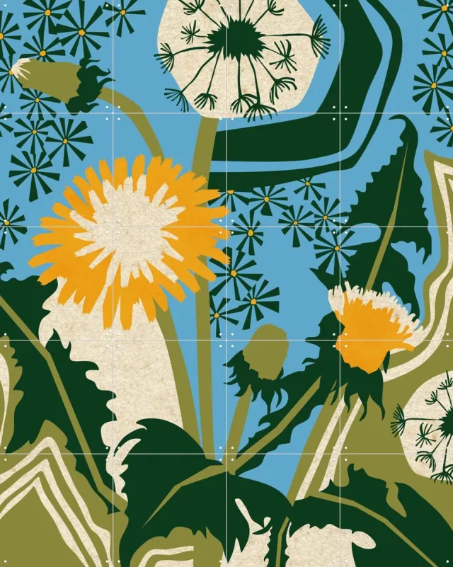 IXXI Dandelion, Megan Gallagher - 80 x 100 cm - Grote wanddecoratie en posters - Fantasierijk, Speels, Houtsnede, Illustraties, Kleurrijk, Slaapkamer Groen / Blauw / Oranje