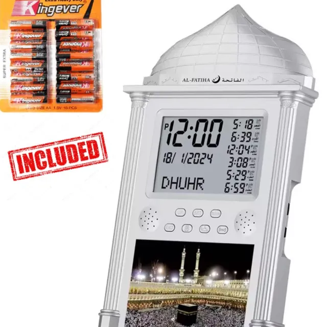 Yarvu ® Azan Wekker Klok + 16 AA Batterijen Meegeleverd - 34*21 CM - Moslim - Islam - Gebedsklok - Gebed - Adhan - Ramadan Decoratie - Adan Alarm - Zilver