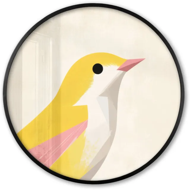 FrameYourWall Poster in lijst Rond - Fotolijst 60x60 cm - Posters - Vogel - Minimalistisch - Geel - Ronde posterlijst zwart - Decoratie - Wanddecoratie woonkamer - Muurdecoratie slaapkamer
