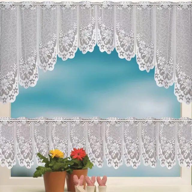 Floraweg Bloemenkantgordijn, voor keukens en cafés, haakpatroon, set van twee,160x30cm+160x60cm wit