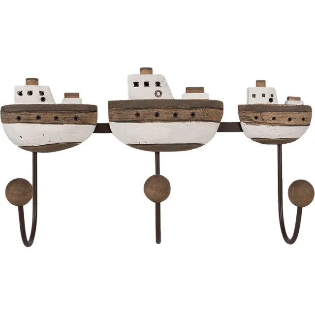 Clayre & Eef Wandkapstok 3 Haken Boot 38x10x20 cm Wit Bruin Hout