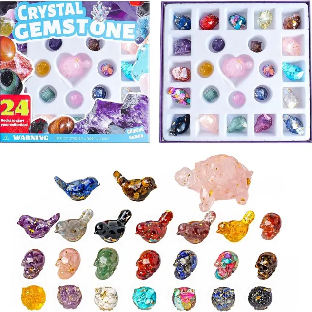Cokar kerstmis - Kristallen adventskalender 2026 - kerstmis decoratie - 24 stuks willekeurige edelstenen - mineralen en fossielen - kerstkalender (Stijl-2-24 harskristallen) Multicouleur