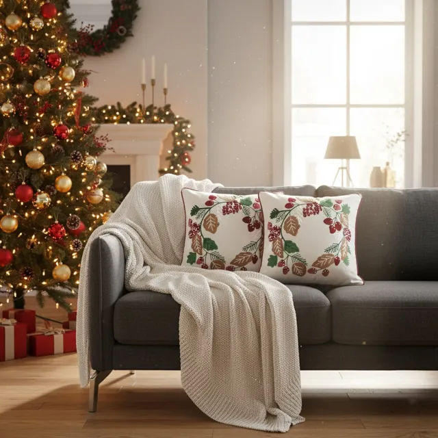 Urbane Hide Kerstkussen Set van 2 Kerst Kussenhoezen Vierkant - Kerst Kussenhoes - Kussenhoesjes Geborduurd met Biezen - Kerstkussens met Kransontwerp - 45x45 cm - Katoen - Veelkleurig - Zonder Binnenkussen Groene Kerstprint