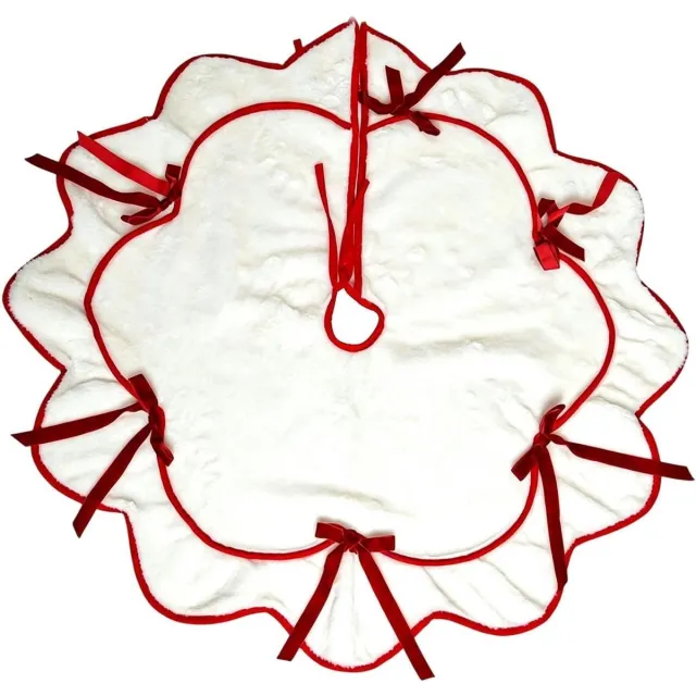 SNQ Kerstboomrok met decoratieve strik - vintage waaiervormige rand - 120 cm in diameter - kerstboomrok met strik - golvende pluche boomrok - kerstboomversiering wit