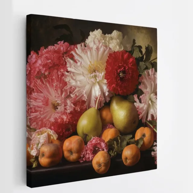 Saammp Canvas Schilderij - Bloemen en Vruchten - Klassiek Stilleven - Abstract - 30x30 - Foto op canvas - Wanddecoratie - Muurdecoratie Woonkamer - Kantoor Decoratie Multicolor