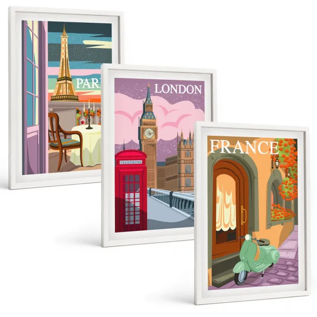 Coloray 3-Delige Schilderij Set - Retro Stadsgezichten Van Parijs, Londen En Frankrijk - 40 x 60 - Schilderijen Set - Wanddecoratie - Woonkamer - Moderne Wanddecoratie Witte lijst