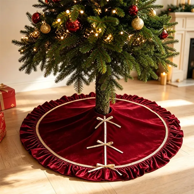 SNQ Pluchen Kerstboomrok - 120 cm - Ronde Boomstandaardhoes met Split en Strik - Zachte Afwerking - Voor Woonkamer - Hal en Hoekboom Rood