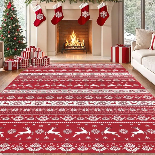 PEAM Kerst Groot Vloerkleed 200 x 300 cm Rood Machinewasbare Vloerkleden Voor Woonkamer Antislip Kersttapijt Antislip Vloerkleed Vloerkleden Voor Woonkamer Slaapkamer Eetkamer Hal Christmas Reindeer