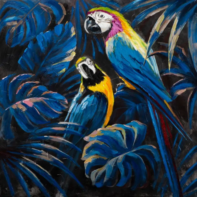 Fine Asianliving Canvas Print Wanddecoratie 100x100cm Verliefde Blauwe Papagaaien Handgemaakt Giclee Multicolour